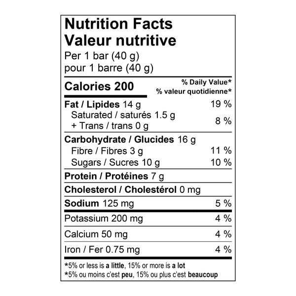 Nutrition Facts label for Almond Salted Caramel Snack Bar