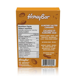 Back of Almond Salted Caramel box lists ingredients and nutrition facts. 